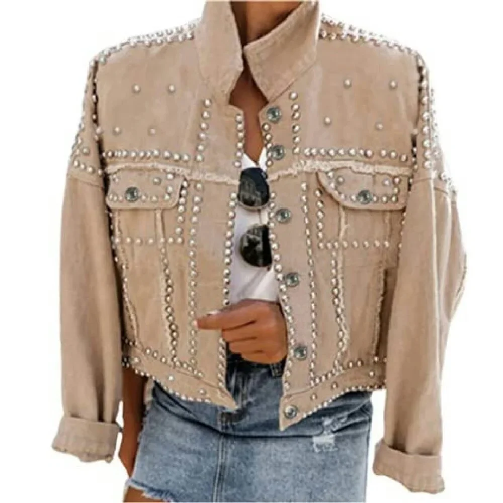 Cropped Denim Jacket with Rivet Studs, Distressed White, Button Cuffs
